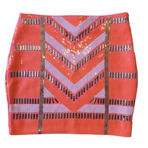Bebe Orange Pink Gold White Sequin Bodycon Mini Skirt